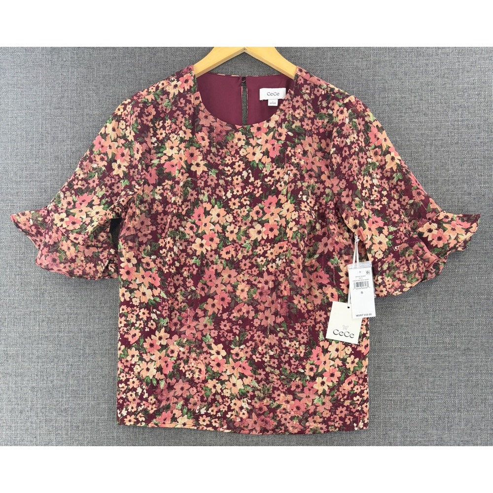 CeCe Fresh Berry Floral Ruffle Sleeve Blouse Metallic Stripe 7055057 women's S